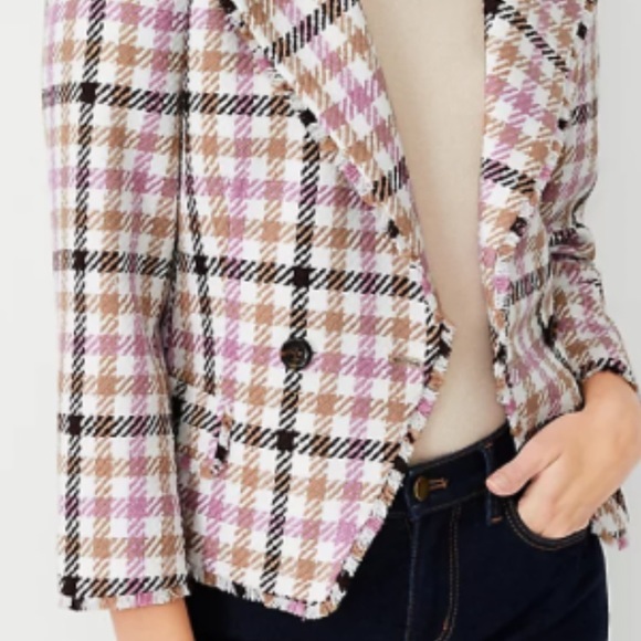 Cutaway Jacket in Houndstooth Fringe Tweed,size-4, pink/brown/cream/pink/,lined - Picture 8 of 12